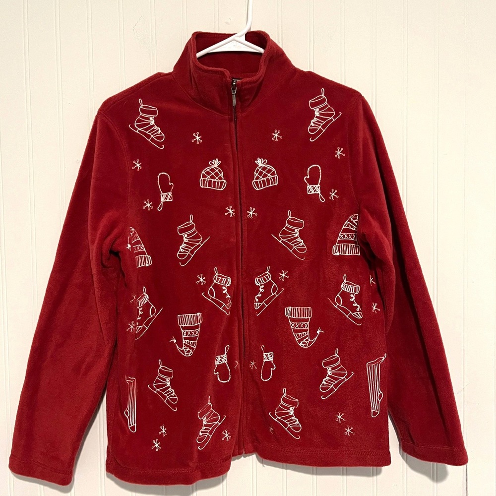 Croft & Barrow Fleece Jacket Women S Red Excellent Winter Ice Skates Print Zip
